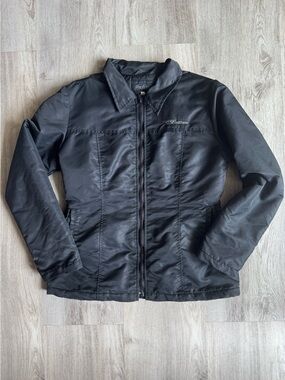 Vintage Indian Motorcycle Black Nylon Zip Up Jacket Classic Collar & Patch Logo